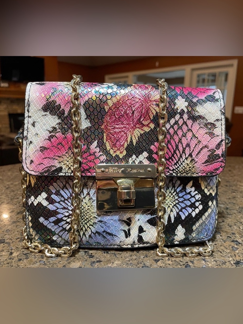 Betsey Johnson Pink Floral Snake-Embossed Chain Shoulder Bag